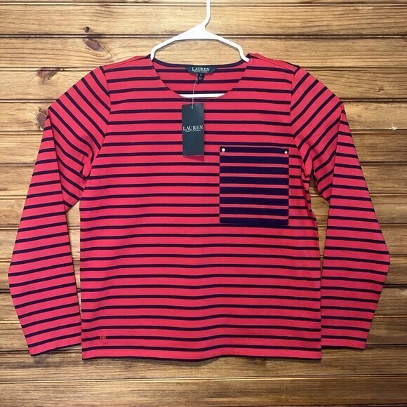 Ralph Lauren Striped Blouse Womens Small Red Navy Blue Contrast Pocket NEW $79‎ - Picture 1 of 11